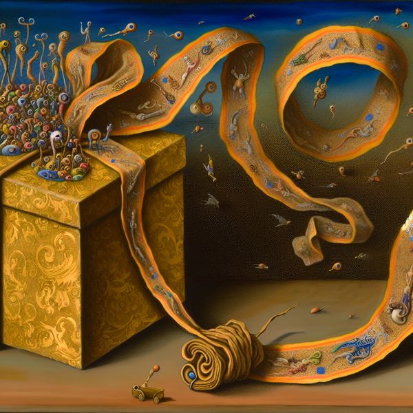 Cadeaulint met fantasiepatronen: decoratie en bevestiging in surrealistische stijl Surrealistisch cadeaulint met gouden verpakking en levendige patronen in de stijl van Hieronymus Bosch, gebruikt om geschenken vast te maken en te versieren
