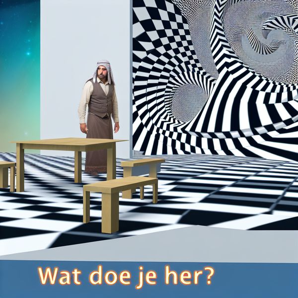 Surrealistisch Café met Escher-Patroon en Reflectieve Vragen Persoon in surrealistisch Escher-achtig café met optische illusies