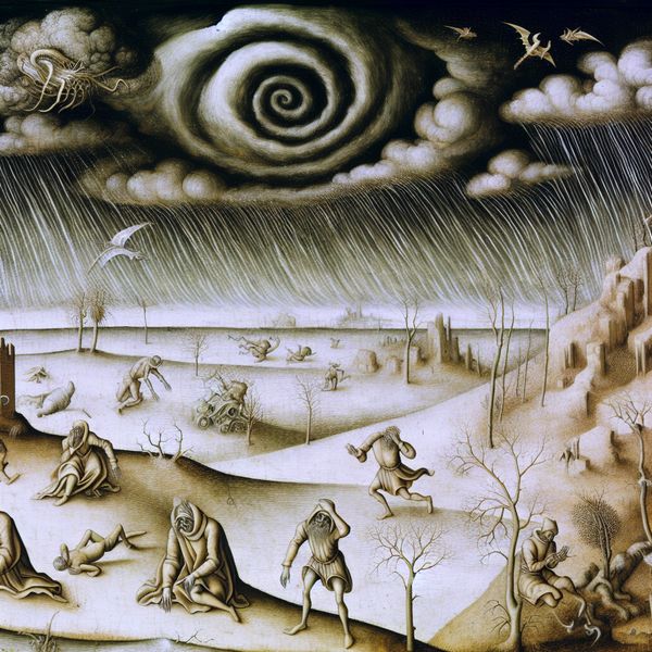 Surrealistisch Chaos in een Donker Landschap Een surreëel landschap met verdraaide figuren die worstelen tegen een zware regenbui, geïnspireerd door de stijl van Hieronymus Bosch.