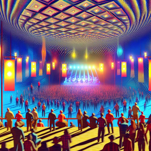 Surrealistisch Concert met Vroeg Aankomende Bezoekers Surrealistische afbeelding van een concert met een opwindende menigte die vroeg arriveert, gekenmerkt door een optische illusie van mensen die uit meerdere richtingen komen.