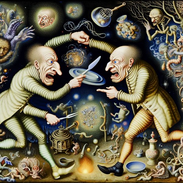 Surrealistisch conflict: ruzie over onbenulligheden in Bosch-stijl Twee mensen maken boos ruzie over iets onbenulligs, zoals een vuile vaat, in een surrealistische, nachtmerrieachtige stijl met bizarre details en felle emoties