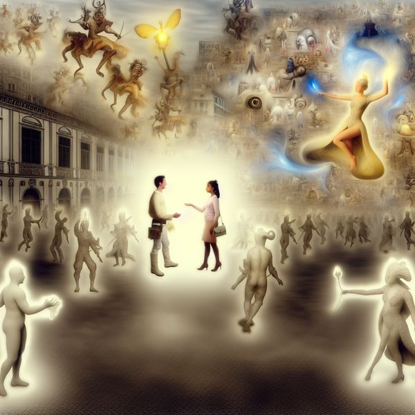Drie personen in een surrealistisch tafereel; twee discussiëren fel, een derde, serene figuur ertussen