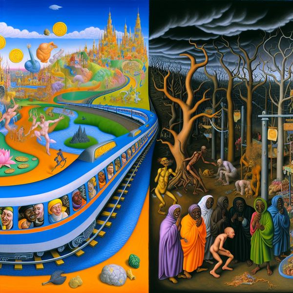 Surrealistische afbeelding met een snelle trein en een sombere markt, geïnspireerd door Hieronymus Bosch, die de tegenstelling tussen rijkdom en armoede uitbeeldt.