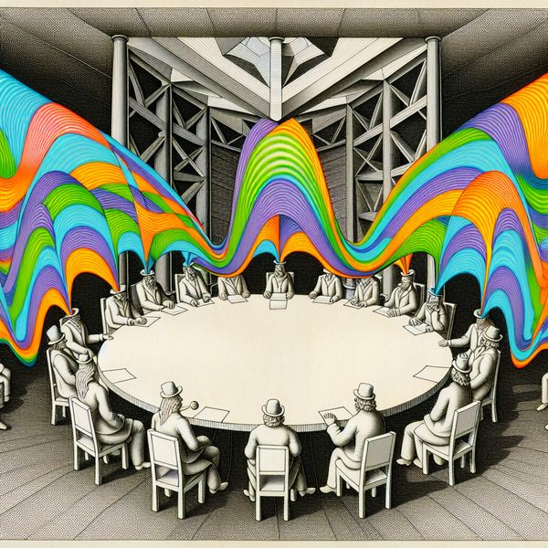 Surrealistisch debat met klankgolven in de stijl van M.C. Escher Surrealistische geometrische weergave van een debatscène met een cirkelvormige tafel en kleurrijke geluidsgolven.