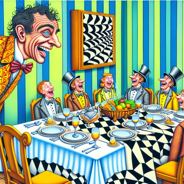 Een surrealistisch tafereel met een diner waar gasten van verschillende leeftijden samen genieten van een maaltijd, met een man die een grappige opmerking maakt.