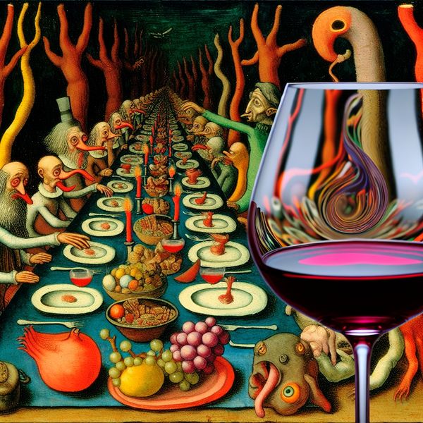 Surrealistisch diner met een lange tafel vol extravagante gerechten en fantasievolle creaturen. Voorgrond toont een glas dieprood wijn met ingewikkelde reflecties.