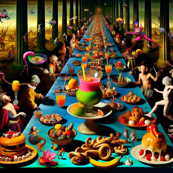 Surrealistisch dinertafereel geïnspireerd door Hieronymus Bosch Een surrealistisch dinertafereel in de stijl van Hieronymus Bosch, met een lange tafel vol fantasierijke gerechten en een exotische drank in een versierde goblet.