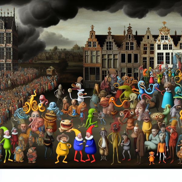 Een surrealistisch tafereel met een verzameling bizarre wezens op een evenement, inspirerend door de stijl van Hieronymus Bosch.