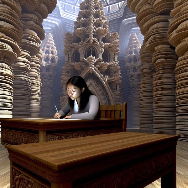 Student schrijft geconcentreerd op perkament tijdens een schriftelijk examen in een surrealistische examenhal.