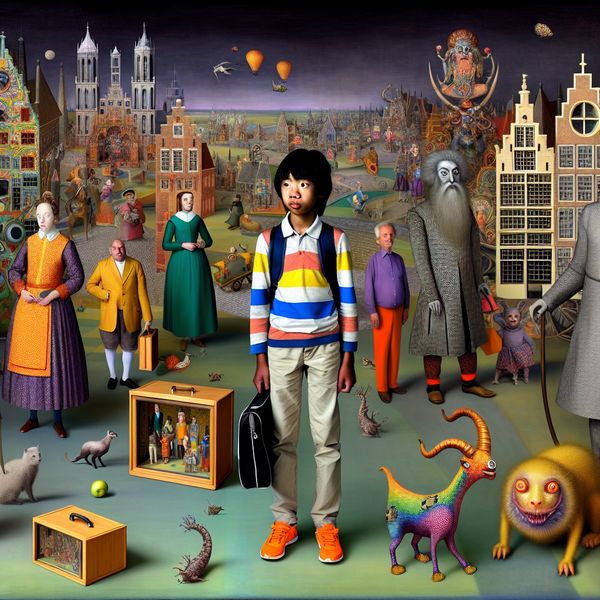 Surrealistisch familieportret in de stijl van Jheronimus Bosch met een jonge neef die een schooltas en boek vasthoudt, omringd door bizarre wezens en Utrechtse architectuur