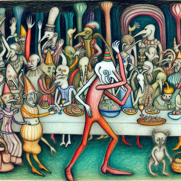 Surrealistische Feestscène met Dansende Figuren Een surrealistisch feest met een danser in een vreemde beweging te midden van vier andere feestvierders, geïnspireerd door de stijl van Hieronymus Bosch.