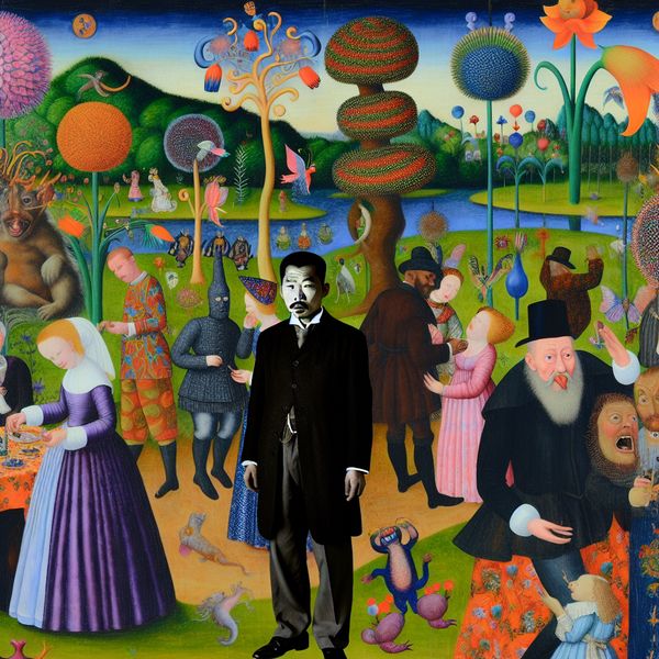Een surrealistisch feest waar een figuur in een zwart pak de vrolijke sfeer verpest, omringd door bizarre wezens en kleurrijke elementen.