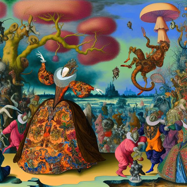 Surrealistisch feest in een fantasierijk landschap Een vrouw in een gedetailleerde, vrolijke jurk danst tussen bizarre wezens in een surrealistisch landschap.