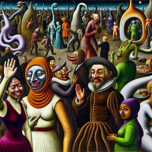Surrealistisch feestje geïnspireerd door Hieronymus Bosch met mensen die elkaar begroeten in een bizarre omgeving.