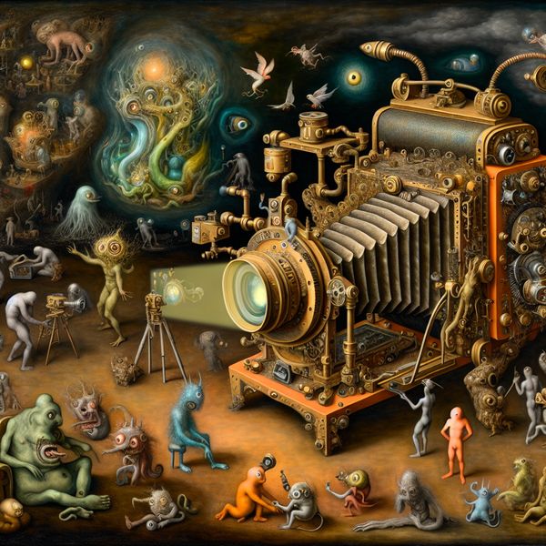 Surrealistisch kunstwerk in de stijl van Hieronymus Bosch met een mystiek fototoestel als centraal object, omringd door fantasiewezens in een droomachtig landschap