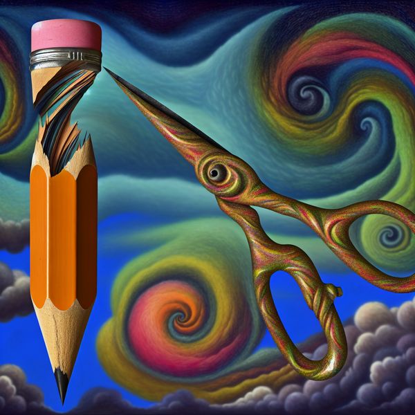 Surrealistisch Kunstwerk van Gebroken Potlood en Schaar Een surrealistisch beeld van een gebroken potlood en een schaar in een fantasieachtige omgeving, geïnspireerd door Hieronymus Bosch.