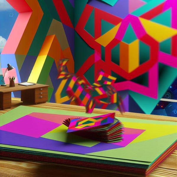 Surrealistische afbeelding van een geometrisch kantoor met een houten tafel bedekt met kleurrijke documenten die zweven, geïnspireerd door M.C. Escher.