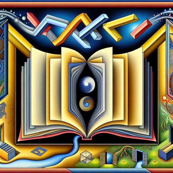 Surrealistische Geometrische Kunst met Open Boek en Vervangingen Surrealistisch kunstwerk van een open boek omgeven door zwevende geometrische vormen die verschillende literatuurgenres symboliseren.