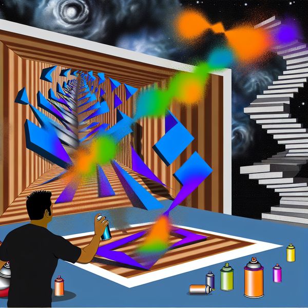 Een surrealistisch, geometrisch tafereel geïnspireerd door M.C. Escher met een ontwerper die spuitverf gebruikt op een T-shirt.