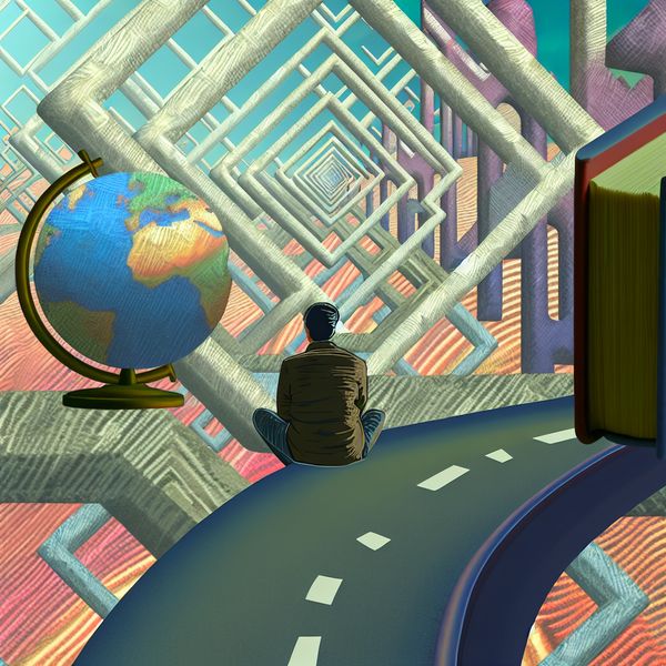 Surrealistisch Geometrisch Landschap met Reis- en Schrijfambities Een persoon in een surrealistisch landschap met geometrische vormen, kijkend naar een globe en boeken die hun reis- en schrijfdromen symboliseren.
