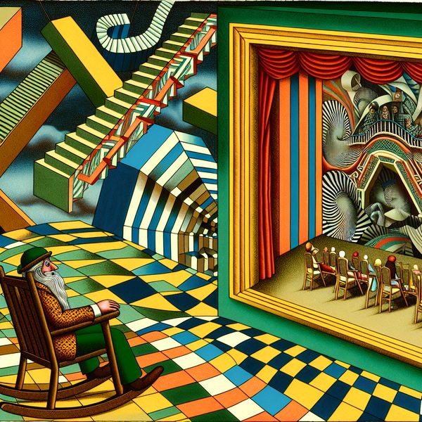 Surrealistisch Geometrisch Landschap met Teleurgestelde Toeschouwer Een surrealistisch landschap geïnspireerd door M.C. Escher, met een teleurgestelde toeschouwer in een schommelstoel voor een filmtheater.