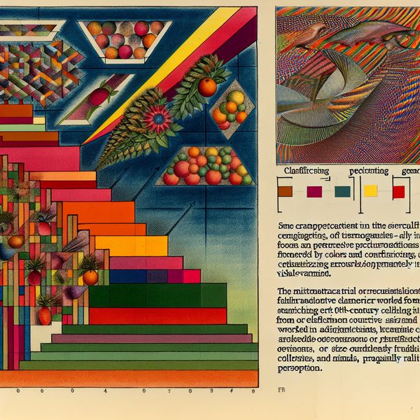 Surrealistisch Geometrisch Landschap van Objecten en Categorisatie Surreal geometrisch landschap met objecten als fruit en dieren in een speelse indeling op een onmogelijke trap
