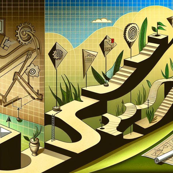Geometrisch landschap van projectontwikkeling in de stijl van M.C. Escher Een surrealistisch, geometrisch landschap met een kronkelige pad dat de ontwikkeling van een project vertegenwoordigt, met symbolen van de verschillende stadia zoals blauwdrukken en gereedschap.