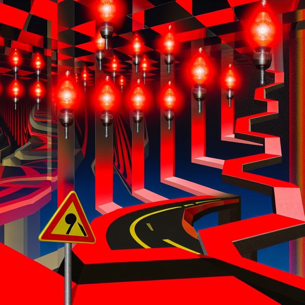 Surrealistisch Geometrisch Landschap met Rode Verkeerslichten Surrealistisch geometrisch landschap met levendige rode lichten die verkeer betekenen, weergegeven in een onmogelijke structuur met vreemde trappen.