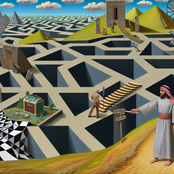 Surrealistisch geometrisch landschap met voorwaardelijke uitspraken Surreal geometrisch landschap met een persoon bij een kruispunt, waarbij twee imposante paden naar een schatkist en een helpende hand leiden, gelabeld met voorwaardelijke zinnen.