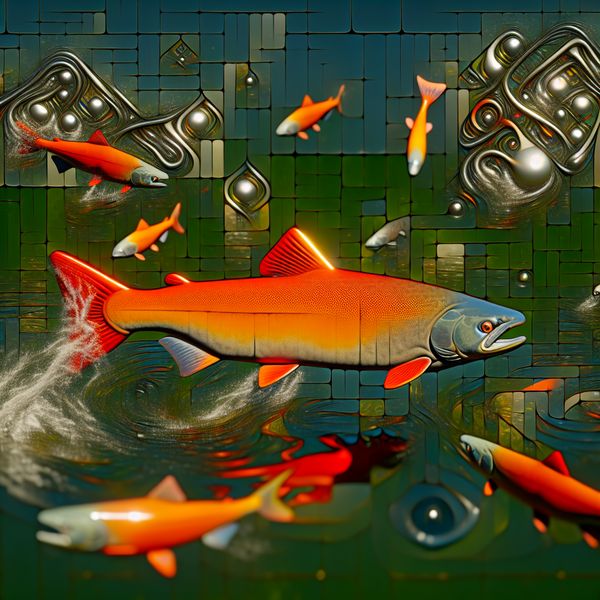 Surrealistisch Geometrisch Tafereel met Oranje Zalm Een surrealistisch tafereel met verschillende vissen die in een vijver zwemmen, met een opvallende zalm in levendig oranje, omringd door onmogelijke geometrische vormen.