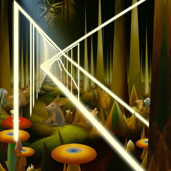 Surrealistische Geometrische Landschap met Rechte Pad Surrealistic landscape with a glowing geometric path through a bizarre forest filled with unusual creatures and fantastical plants, reflecting the concept of straightness.