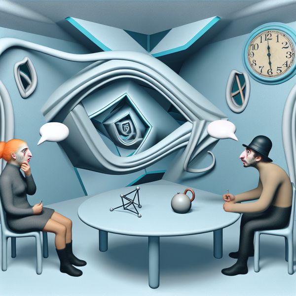 Surrealistisch gesprek in een vervormde kamer Surrealistische scene van een gesprek in een geometrisch vervormde kamer, met verwonderde personen en kromme spraakballonnen.