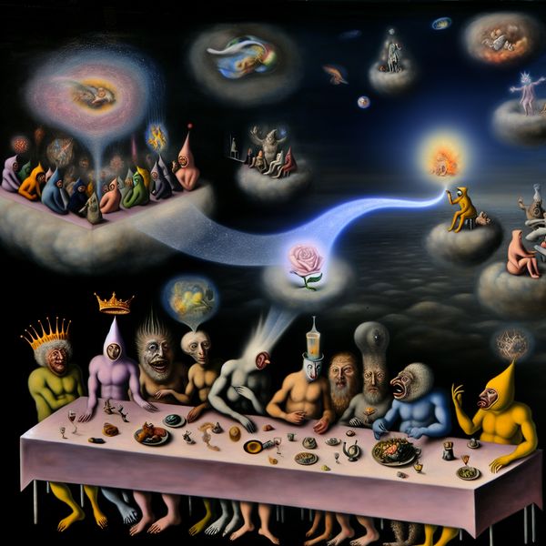 Symbolische weergave van gespreksthema's in surrealistische stijl Surrealistisch tafereel van buitenaardse figuren in gesprek rond een tafel met symbolische objecten die verschillende gespreksthema's voorstellen, zoals politiek, luchtige onderwerpen en spanningen