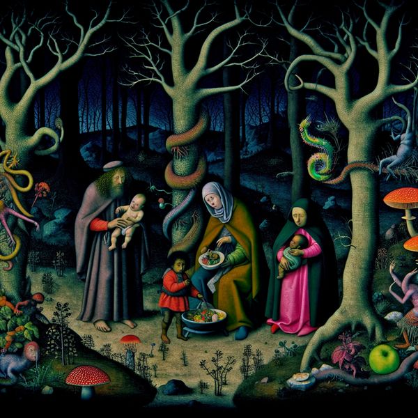 Surrealistisch gezin in een donkere woud voor overleving Een surrealistisch tafereel van een gezin dat in een donkere, dichte woud overleeft zonder moderne hulpmiddelen, omringd door vreemde wezens.