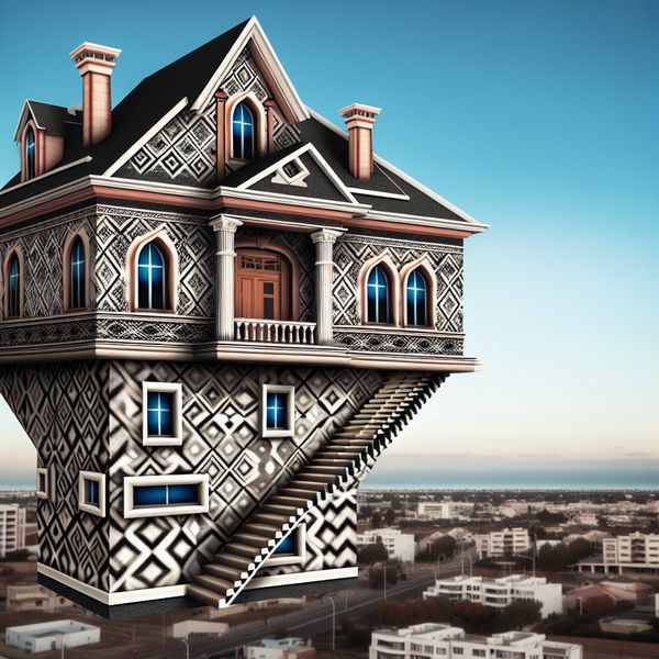 Surrealistisch huis met Escher-illusies Groot en elegant huis met Escher-achtige optische illusies aan de stadsrand