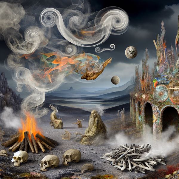 Fantastisch haardvuur met dansende vlammen en gedetailleerde, grijze as omringd door bizarre wezens in een surrealistisch landschap.