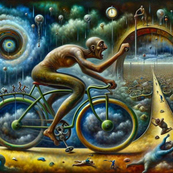 Surrealistische voorstelling van haasten en urgentie in Bosch-stijl Surrealistisch tafereel van een man die zich haast op een bizarre fiets, omringd door droomachtige en chaotische elementen zoals smeltende klokken en vreemde wezens, in de stijl van Hieronymus Bosch
