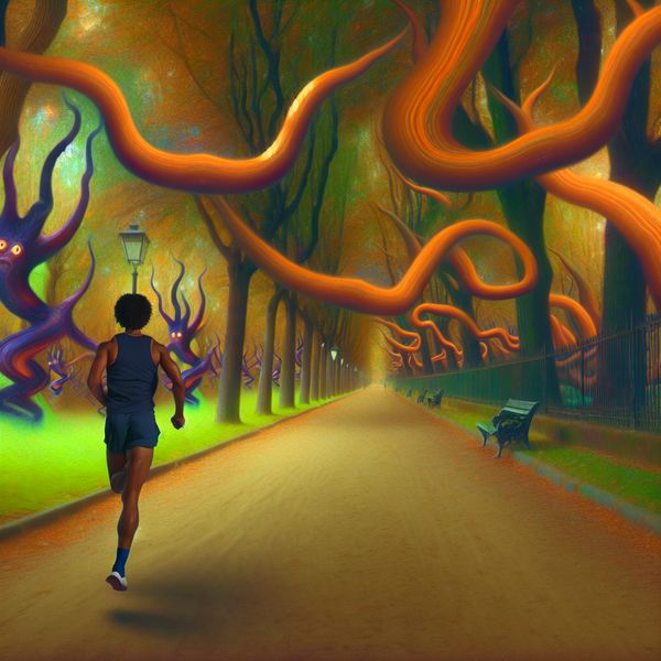 Hardlopen in een surrealistisch park: sport en beweging in een droomwereld Surrealistisch park met een hardloper die snel rent, omringd door bizarre bomen en zwevende wezens in een droomachtige sfeer