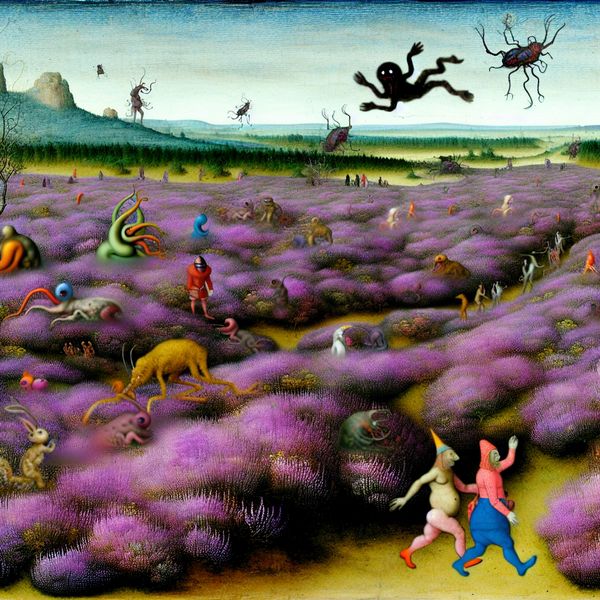 Surrealistisch heidegebied vol fantasie en vreugde Een surrealistisch landschap met uitgestrekte heidevelden, kleurrijke paarse bloemen en bizarre wezens