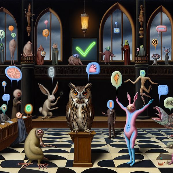 Surrealistisch Hof van Fantasie met Uil Surrealistische afbeelding met kleurrijke fantasiewezens in een hofsetting, met een wijze uil op een podium die aan het discussiëren is over waarheid.