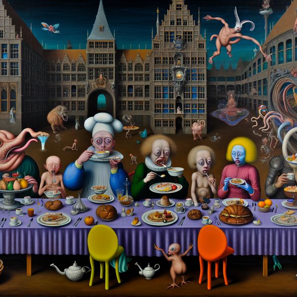 Surrealistische Hotel Dinerscène met Halfpension Een surrealistische diningscène in een hotel met een diverse familie aan een groot, speels tafel met bizarre wezens die eten serveren.