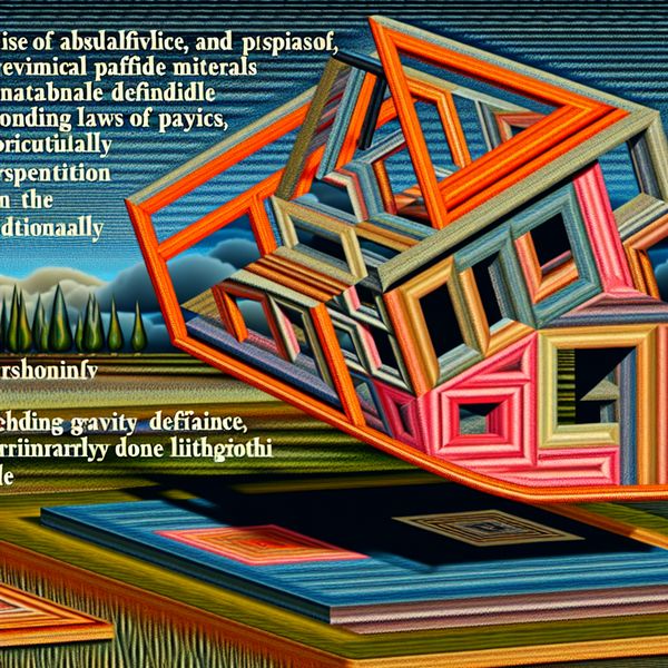 Een surrealistisch huis gemaakt van geometrische, mathematisch precieze materialen in balans, omringd door optische illusies.