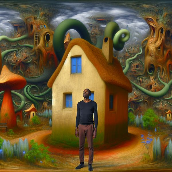 Surrealistische weergave van acceptatie en concessies Een man met een nadenkende uitstraling staat voor een klein, gezellig huis, omgeven door een chaotische achtergrond met vreemde wezens.