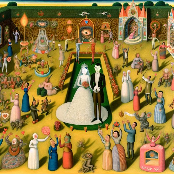 Surrealistisch Huwelijksfeest: Liefde en Symboliek Surrealistisch huwelijksfeest geïnspireerd door Hieronymus Bosch met gasten die liefde wensen aan het pasgetrouwd stel