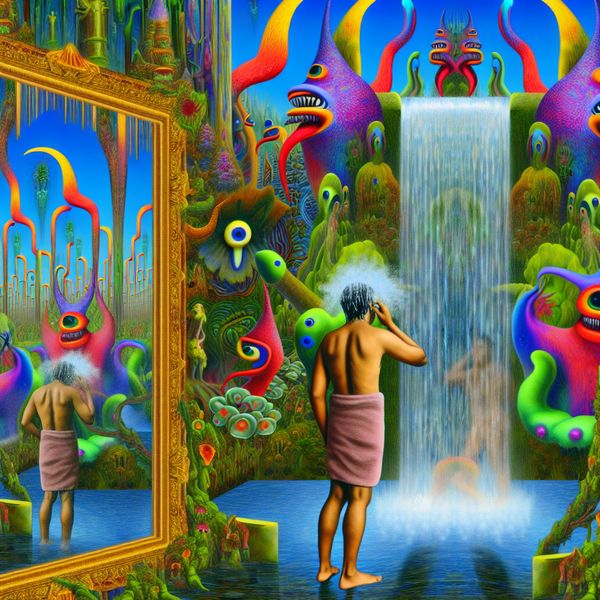 Surrealistische afbeelding van iemand die zich wast onder een kleurrijke waterval Een surrealistisch tafereel van een persoon die zich wast onder een kleurrijke waterval, omringd door bizarre fantasiewezens die hun gedachten en daden weerspiegelen.