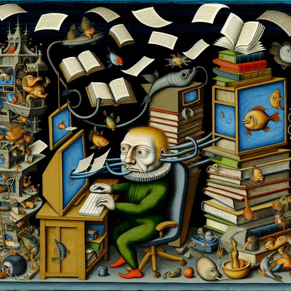 Surrealistisch beeld van informatieconsumptie aan een bureau Surrealistisch tafereel van een persoon aan een chaotische bureau vol boeken en schermen, overmatig informatie consumerend met brede ogen.