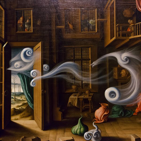 Surrealistisch interieur met luchtstroom in de stijl van Hieronymus Bosch Een surrealistisch interieur met een op een kier staande deur, waarin luchtstromen zichtbaar zijn met fantasierijke wezens.