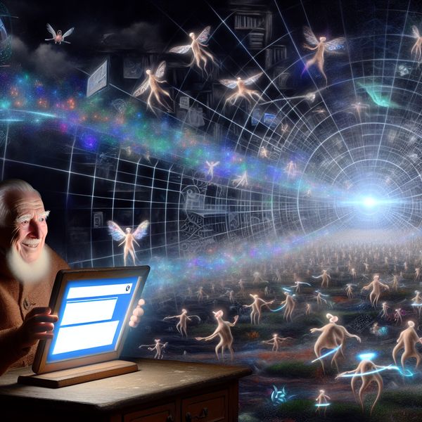 Surrealistisch digitaal landschap in de stijl van Hieronymus Bosch met een oudere man aan een tafel die een gloeiende tablet vasthoudt, omringd door zwevende webpagina's en fantasiewezens die het internet symboliseren