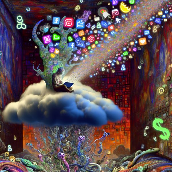 Surrealistisch Internet Surfen met Fantasie Wezens Een surrealistisch beeld van een fantasierijk personage dat op een wolk surft op het internet, omringd door bizarre, Bosch-achtige wezens