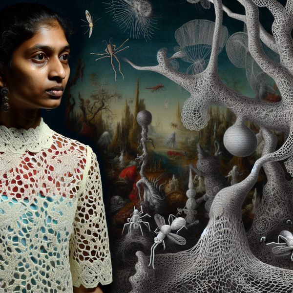 Surrealistisch kunstwerk in de stijl van Hieronymus Bosch met een vrouw in een levendig kantbloes, waarbij fijne kantdraden zich als organische ranken en wezens verweven tot een dromerig ecosysteem